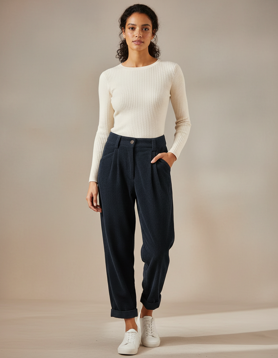 Pantalon Chino Côtelé Bleu Marine Ample Décontracté Femme - Cordé