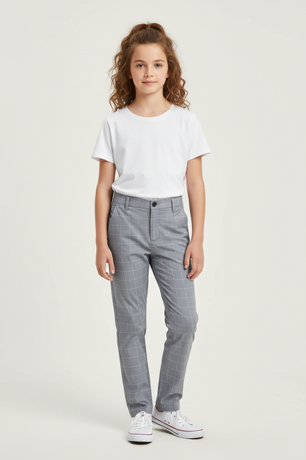 Pantalon Chino Gris Carreaux Droit Décontracté Enfant - Gabardine