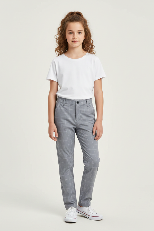 Pantalon Chino Gris Carreaux Droit Décontracté Enfant - Gabardine
