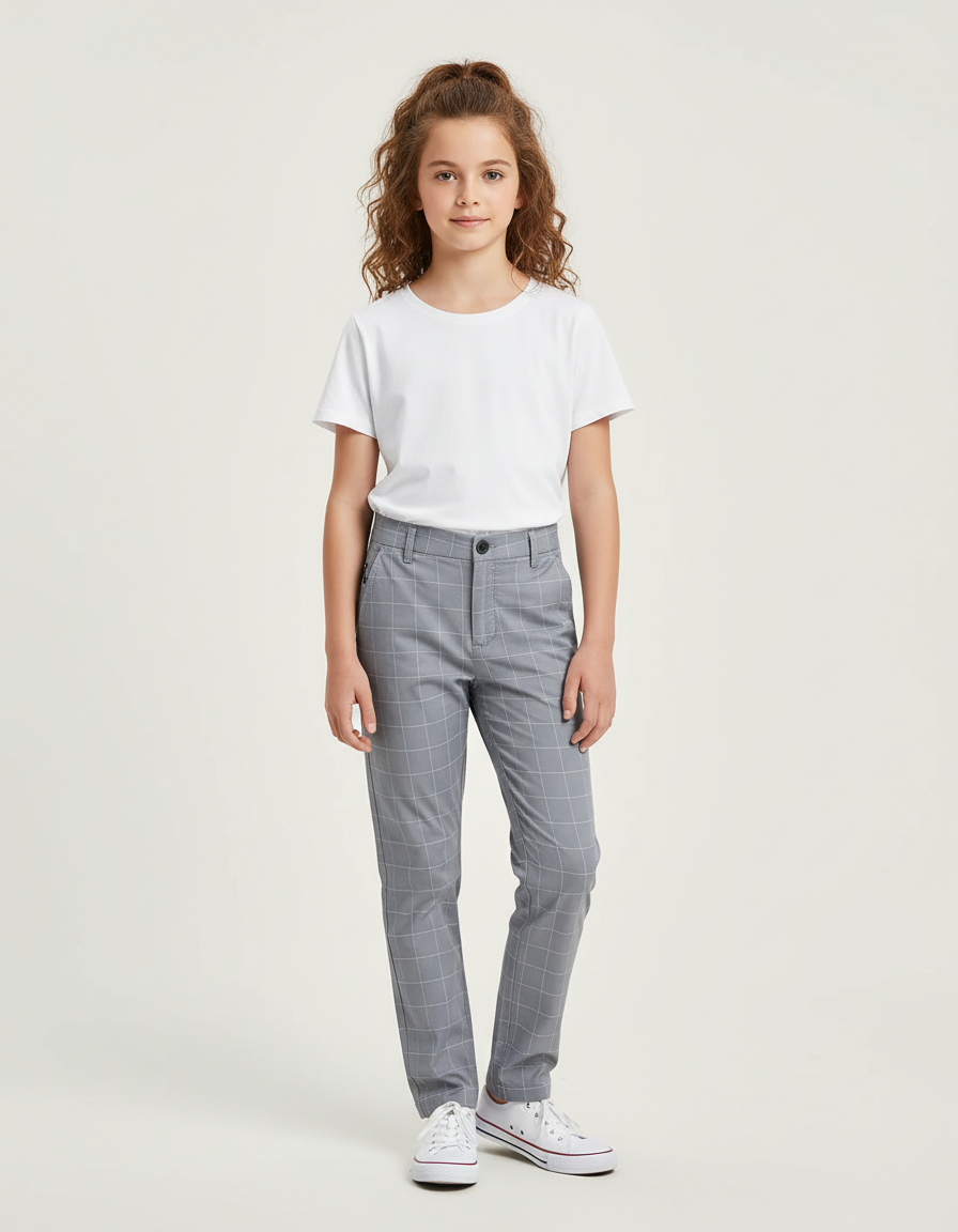 Pantalon Chino Gris Carreaux Droit Décontracté Enfant - Gabardine