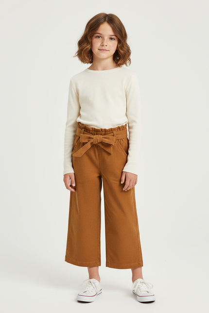 Pantalon Chino Marron Ample Coton Fille Ceinture