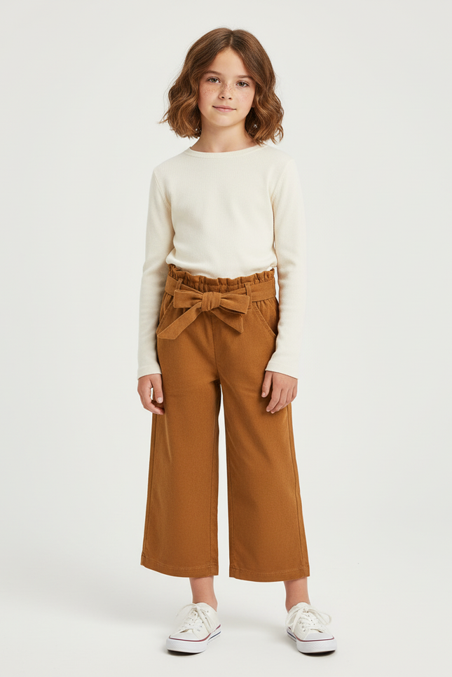 Pantalon Chino Marron Ample Coton Fille Ceinture