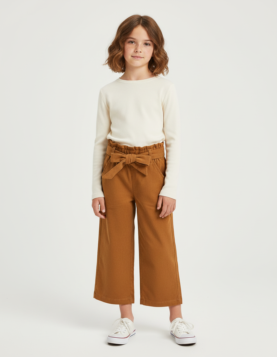 Pantalon Chino Marron Ample Coton Fille Ceinture