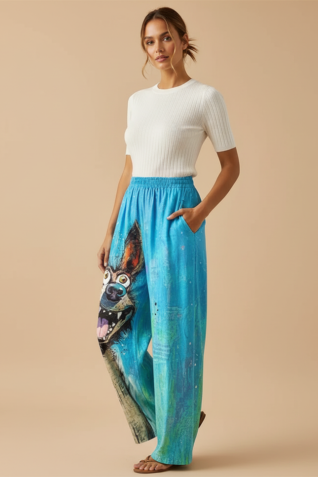 Pantalon Chino Bleu Imprimé Chien Ample Fluide - Viscose