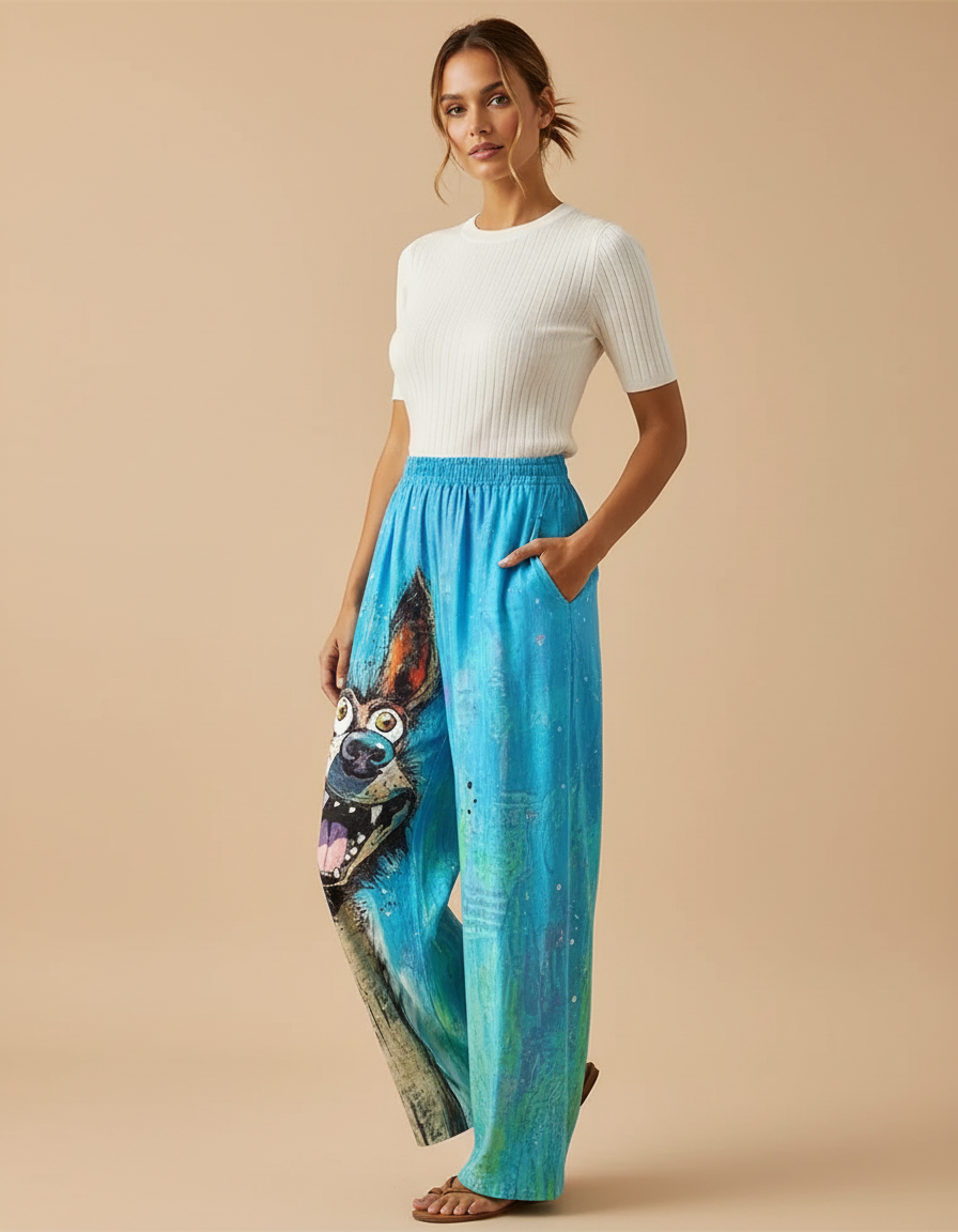 Pantalon Chino Bleu Imprimé Chien Ample Fluide - Viscose