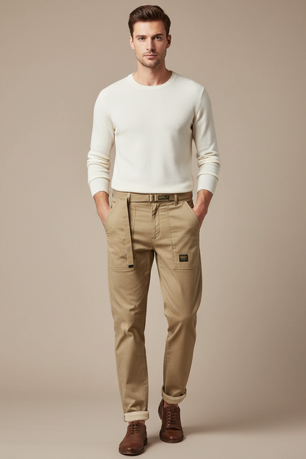 Pantalon Chino Homme Beige Coton Décontracté Ceinturé