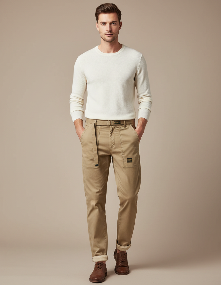 Pantalon Chino Homme Beige Coton Décontracté Ceinturé