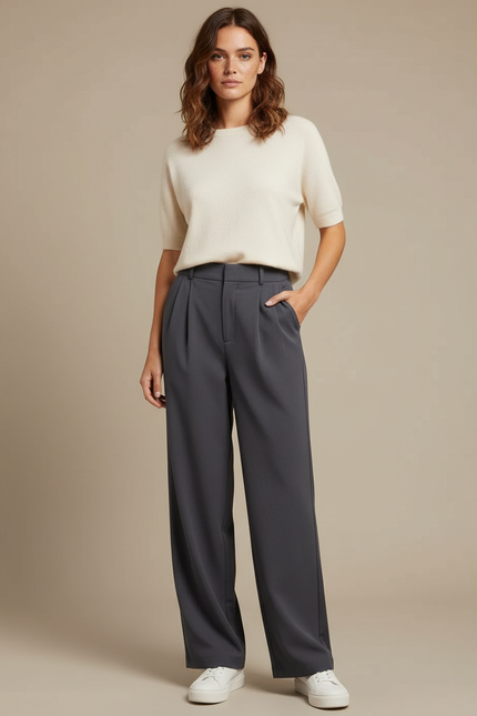 Pantalon Chino Gris Plissé Ample Femme Décontracté - Polyester