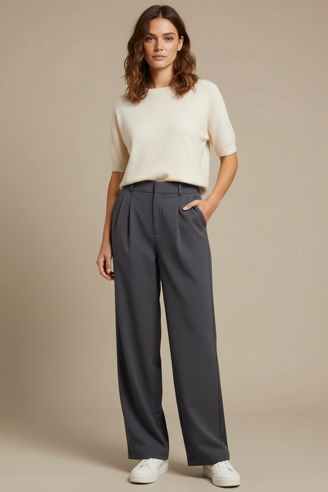 Pantalon Chino Gris Plissé Ample Femme Décontracté - Polyester