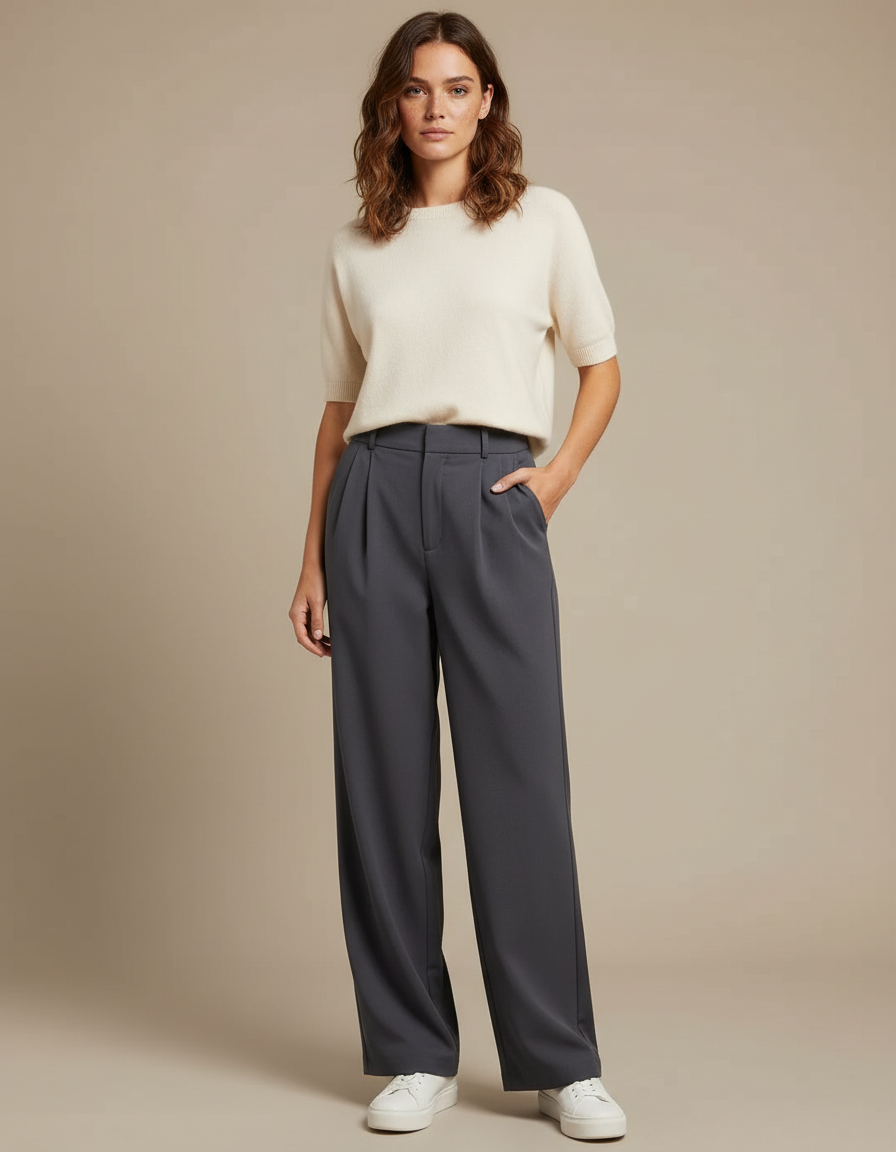 Pantalon Chino Gris Plissé Ample Femme Décontracté - Polyester