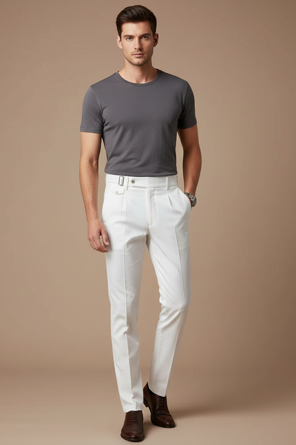 Pantalon Chino Blanc Taille Haute Plissé Droit Élégant - Gabardine