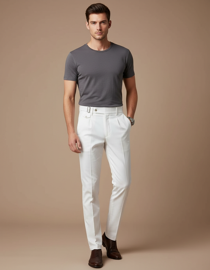 Pantalon Chino Blanc Taille Haute Plissé Droit Élégant - Gabardine