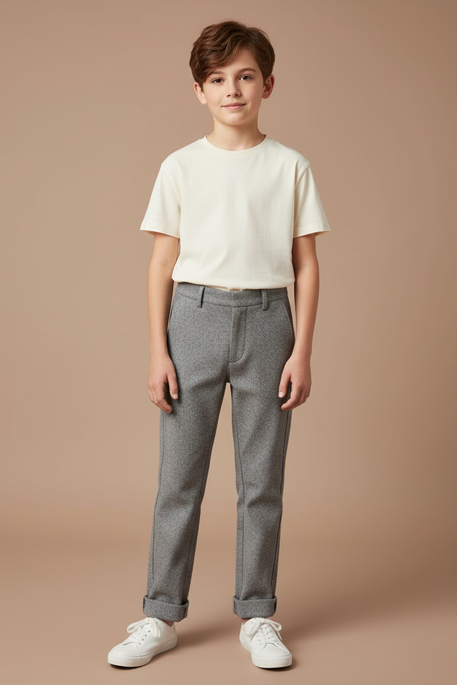 Pantalon Chino Gris Chiné Droit Enfant Décontracté - Tweed
