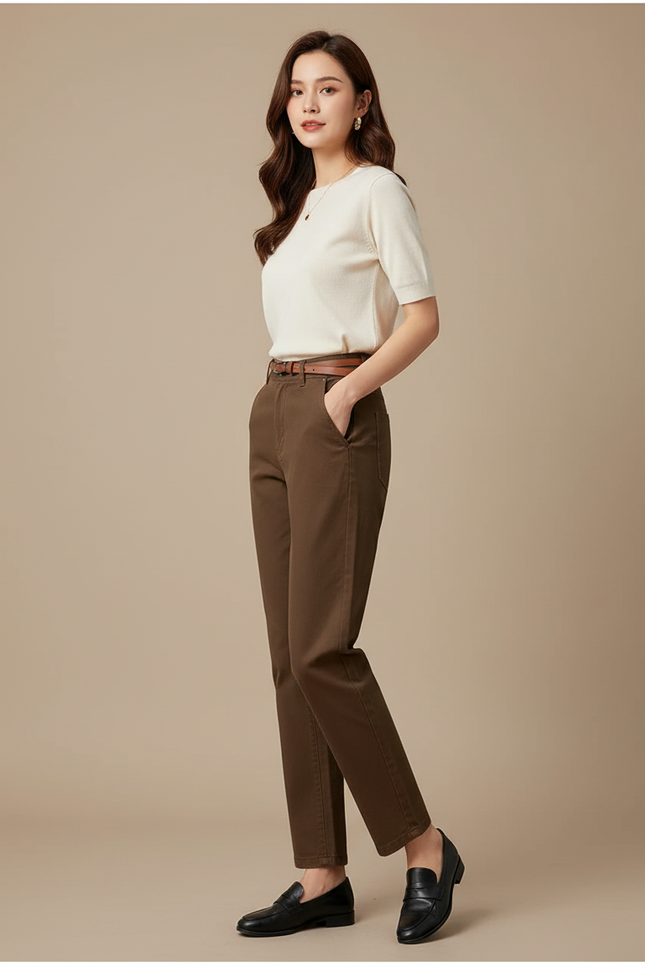 Pantalon Chino Marron Droit Taille Haute Femme - Gabardine
