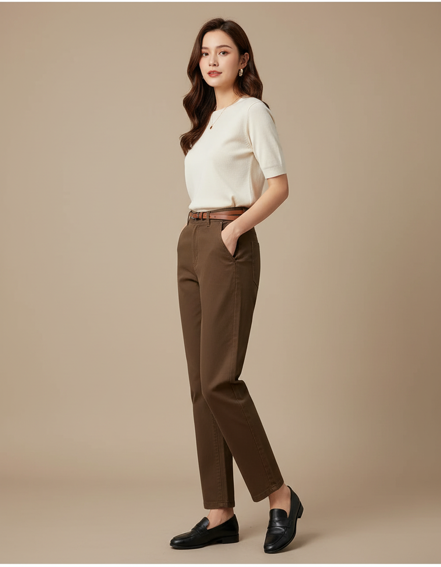 Pantalon Chino Marron Droit Taille Haute Femme - Gabardine