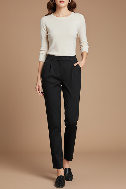 Pantalon Chino Noir Droit Élégant Femme - Gabardine