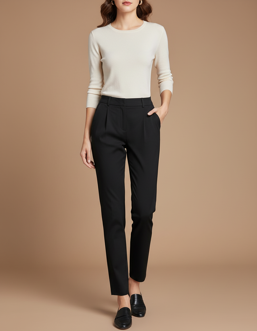 Pantalon Chino Noir Droit Élégant Femme - Gabardine