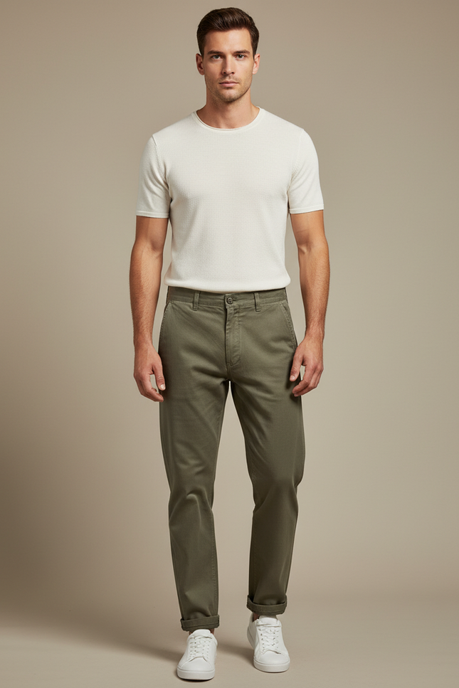 Pantalon Chino Homme Vert Olive Tapered - Kaki Gabardine