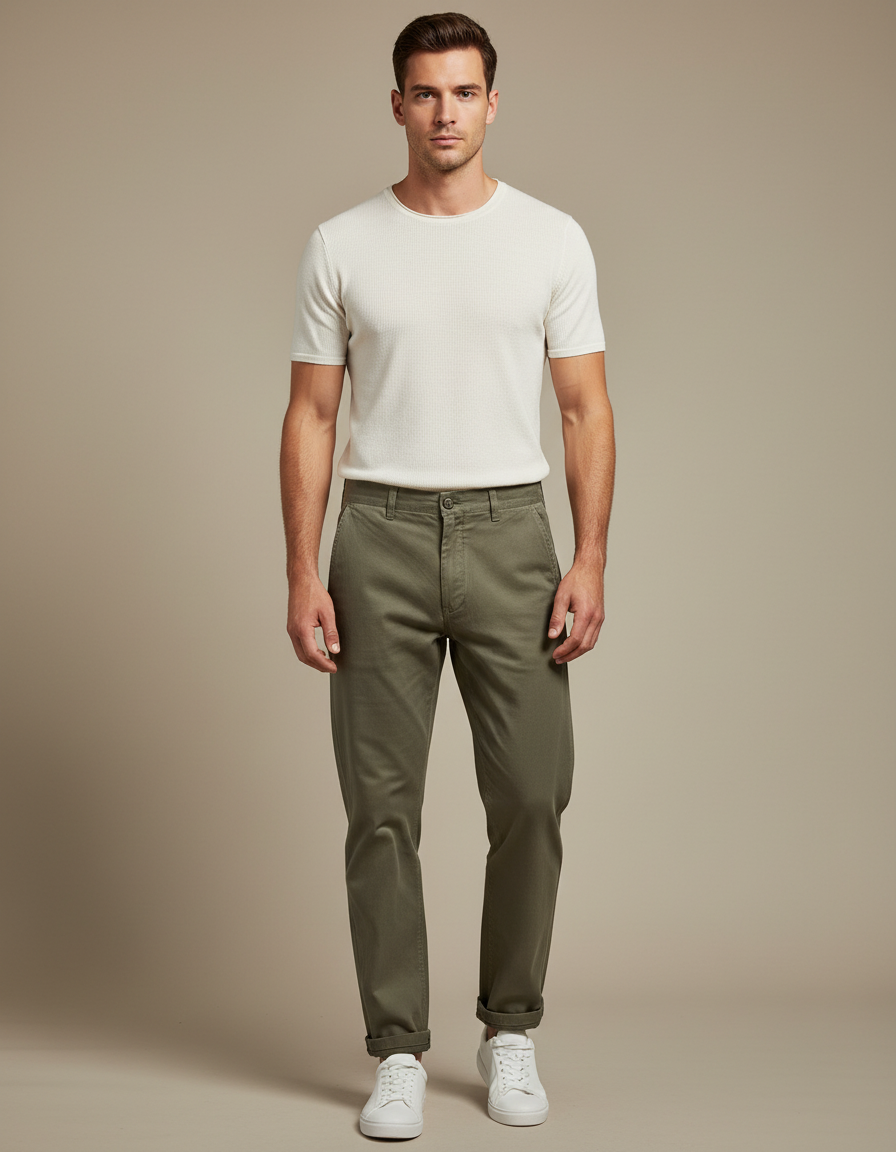 Pantalon Chino Homme Vert Olive Tapered - Kaki Gabardine