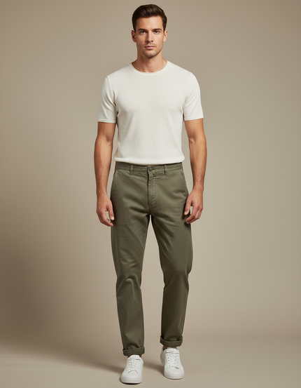 Pantalon Chino Homme Vert Olive Tapered - Kaki Gabardine