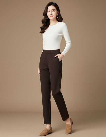 Pantalon Chino Marron Droit Taille Haute Femme Élégant - Polyester