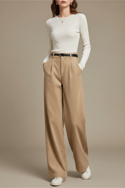 Pantalon Chino Beige Côtelé Ample Taille Haute Femme - Cordé