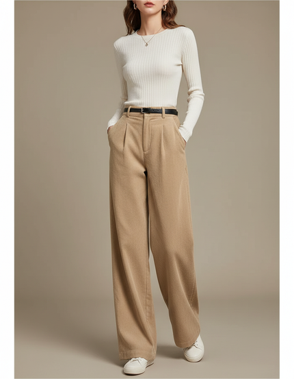 Pantalon Chino Beige Côtelé Ample Taille Haute Femme - Cordé