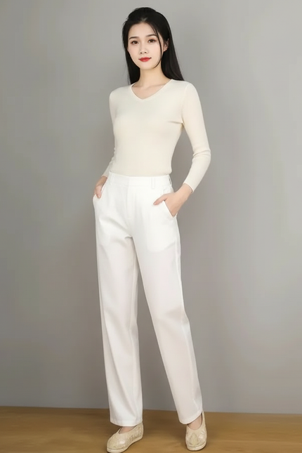 Pantalon Chino Blanc Ample Taille Haute Décontracté Femme - Coton