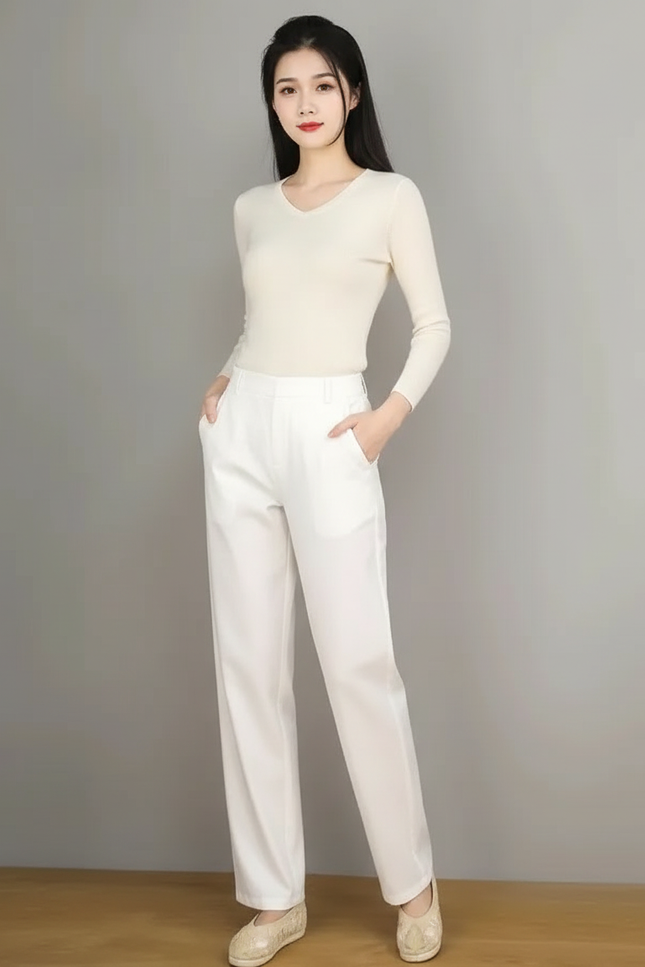 Pantalon Chino Blanc Ample Taille Haute Décontracté Femme - Coton