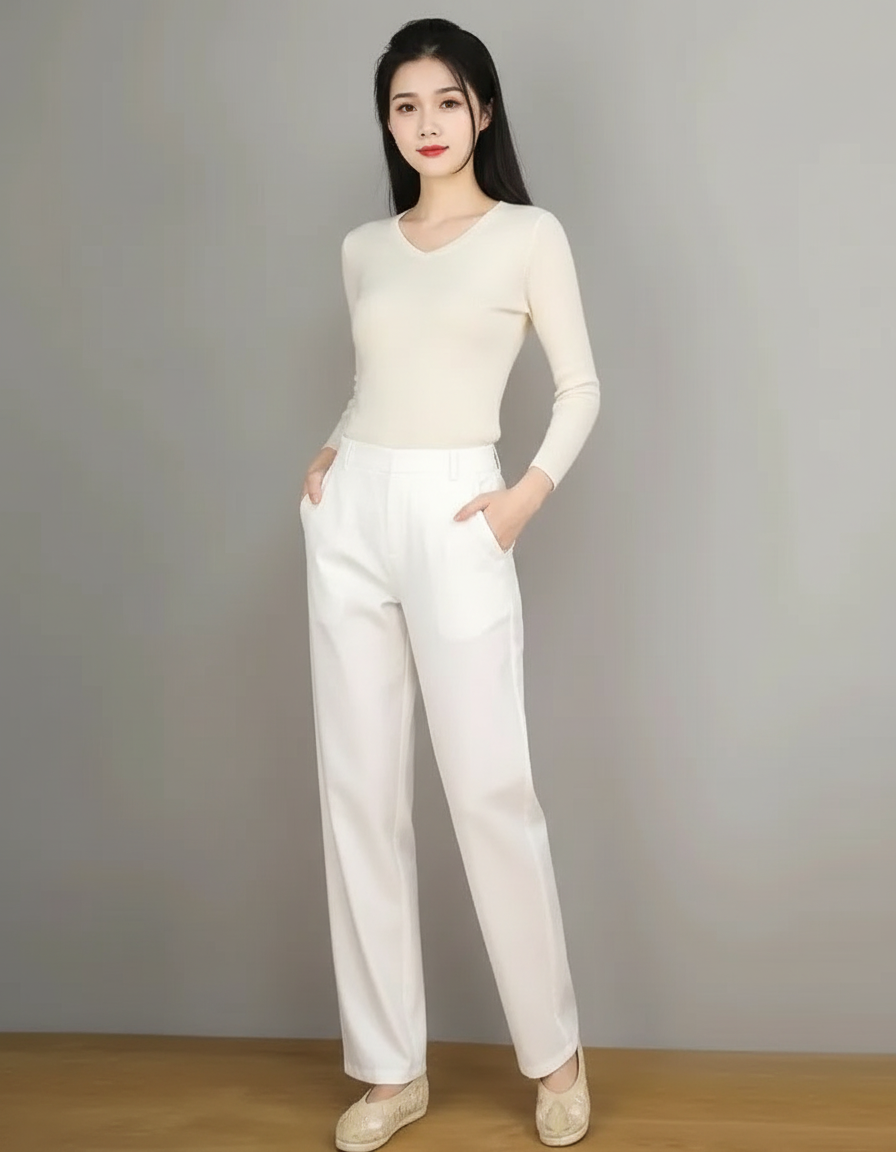 Pantalon Chino Blanc Ample Taille Haute Décontracté Femme - Coton
