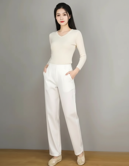Pantalon Chino Blanc Ample Taille Haute Décontracté Femme - Coton