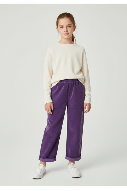 Pantalon Chino Violet Côtelé Droit Enfant Décontracté - Cordé