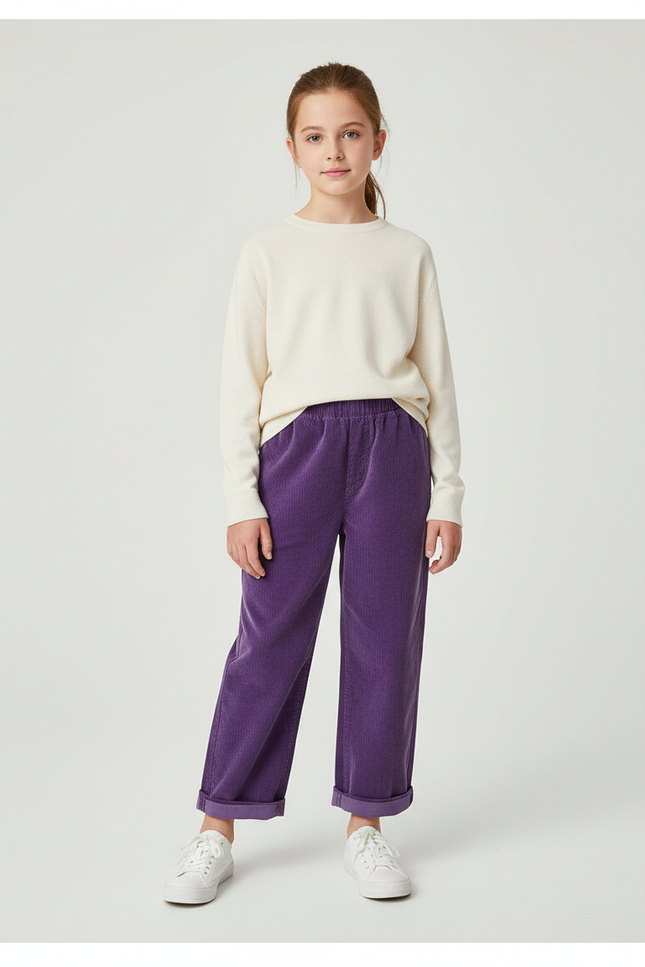 Pantalon Chino Violet Côtelé Droit Enfant Décontracté - Cordé