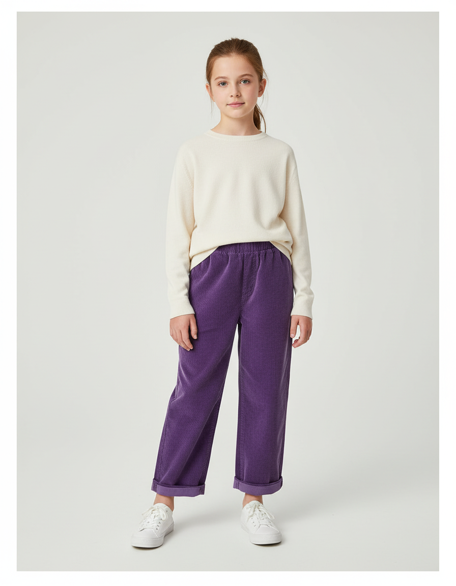 Pantalon Chino Violet Côtelé Droit Enfant Décontracté - Cordé