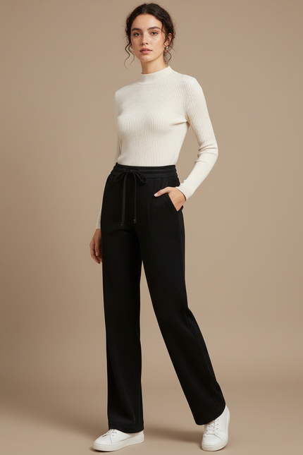 Pantalon Chino Noir Côtelé Large Décontracté Femme - Cordé