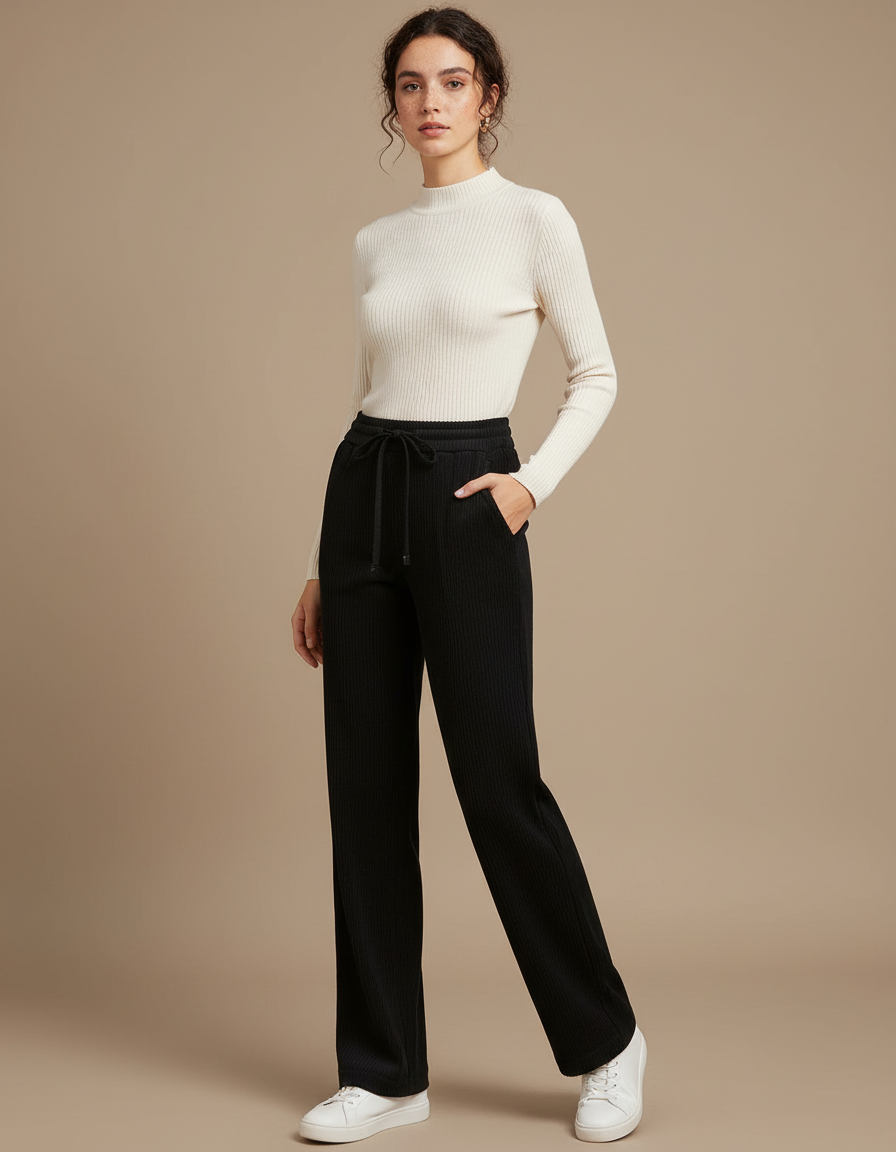Pantalon Chino Noir Côtelé Large Décontracté Femme - Cordé