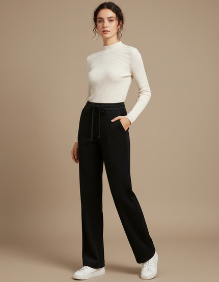 Pantalon Chino Noir Côtelé Large Décontracté Femme - Cordé