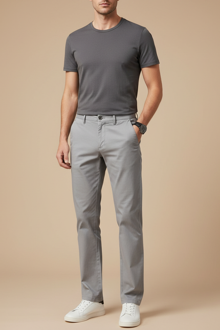 Pantalon Chino Gris Clair Coton Coupe Droite Homme