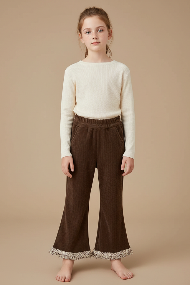 Pantalon Chino Marron Côtelé Évasé Franges Enfant - Cordé