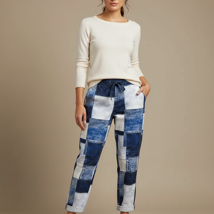 Pantalon Chino Patchwork Bleu Ample Cordon Décontracté - Multicolore Jean