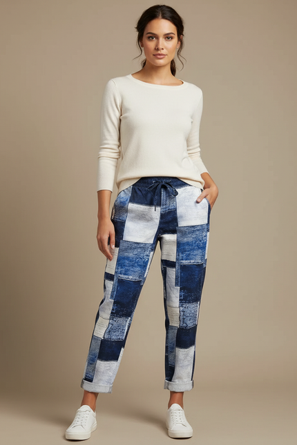 Pantalon Chino Patchwork Bleu Ample Cordon Décontracté - Multicolore Jean
