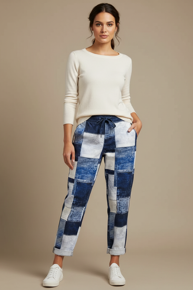 Pantalon Chino Patchwork Bleu Ample Cordon Décontracté - Multicolore Jean