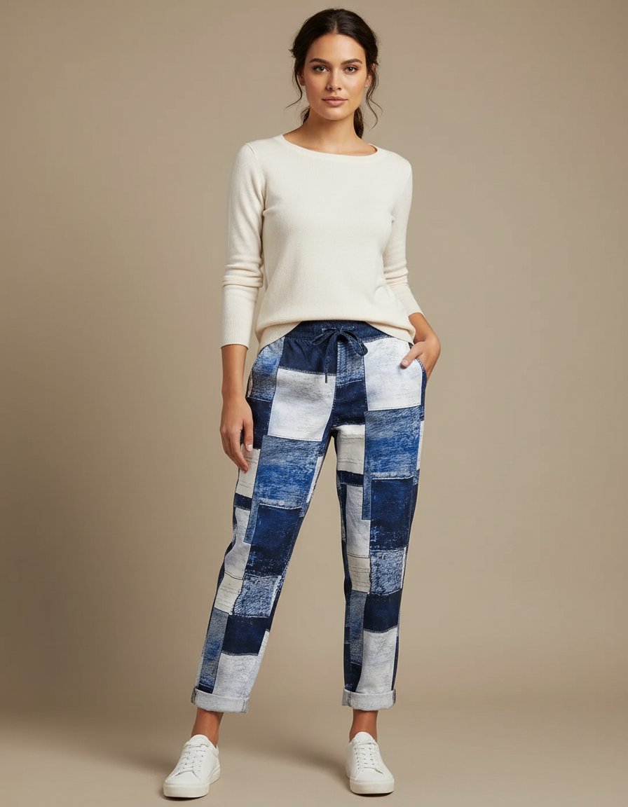 Pantalon Chino Patchwork Bleu Ample Cordon Décontracté - Multicolore Jean