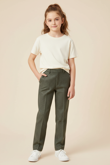 Pantalon Chino Vert Motif Discret Droit Fille - Tweed