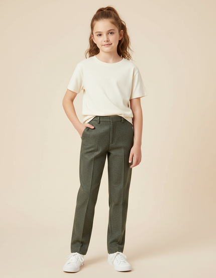 Pantalon Chino Vert Motif Discret Droit Fille - Tweed