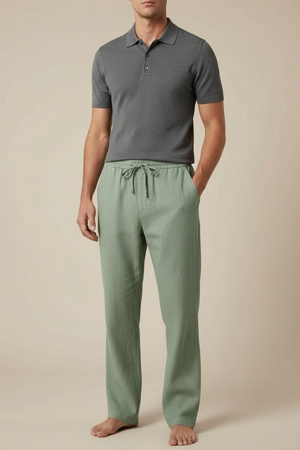 Pantalon Chino Vert Cordon Lin Ample Homme Décontracté
