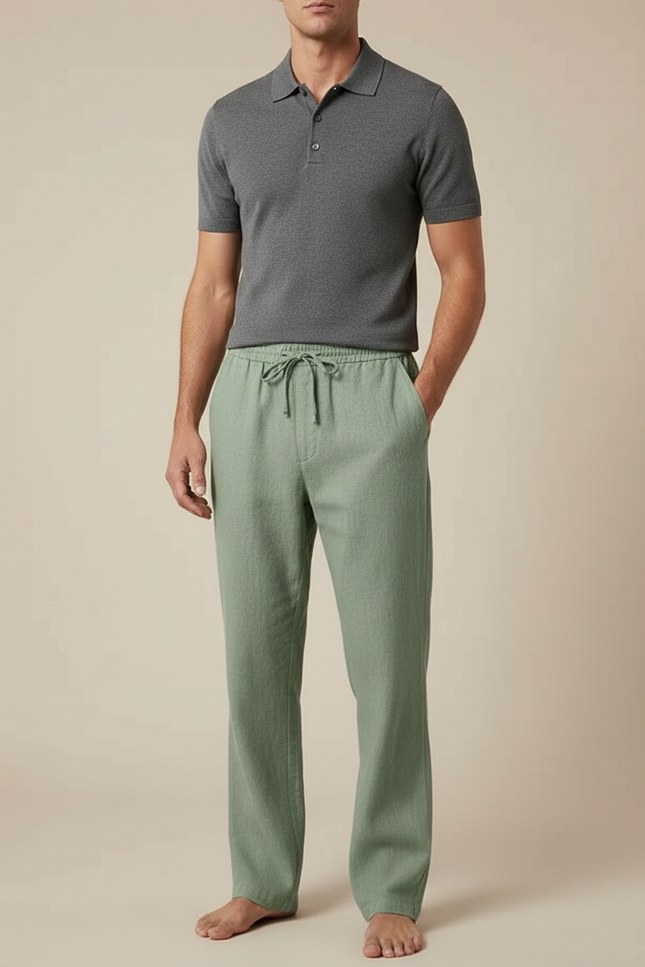 Pantalon Chino Vert Cordon Lin Ample Homme Décontracté