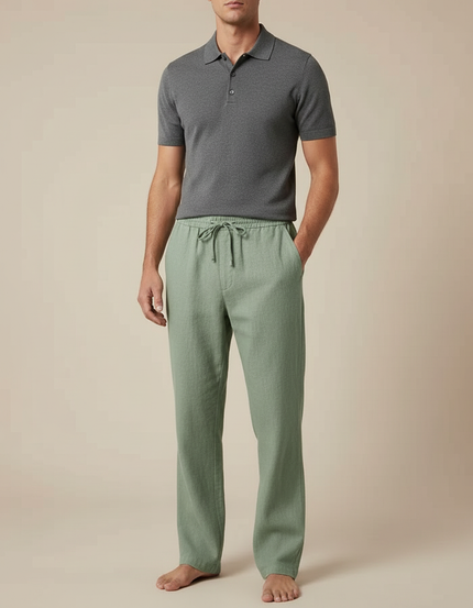 Pantalon Chino Vert Cordon Lin Ample Homme Décontracté