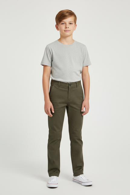 Pantalon Chino Vert Olive Coton Droit Garçon - Kaki