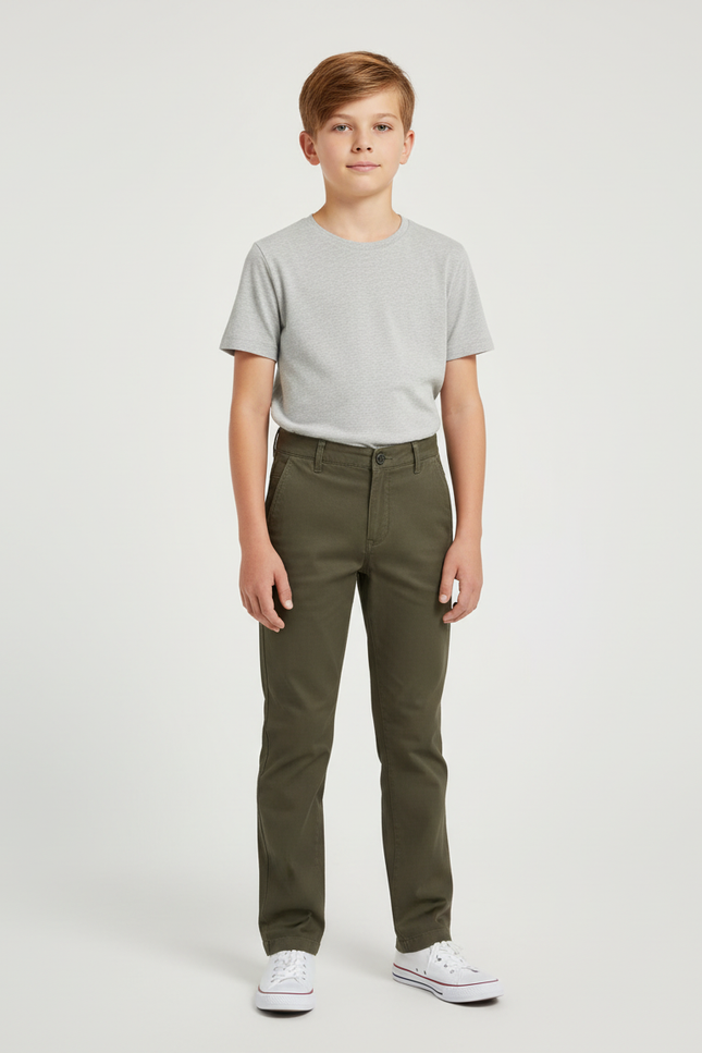 Pantalon Chino Vert Olive Coton Droit Garçon - Kaki